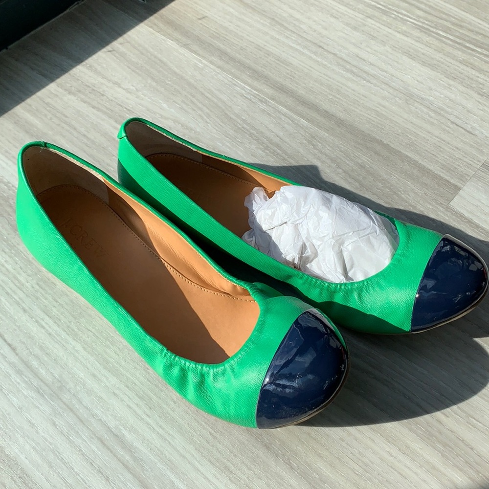 J. Crew Factory Anya Leather Studded Ballet Flats, Size 7.5, Green & Navy